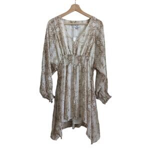 Fate Tan Snake Print Ruffles Smocked Long Sleeve Dress Women's Size Small NWT
